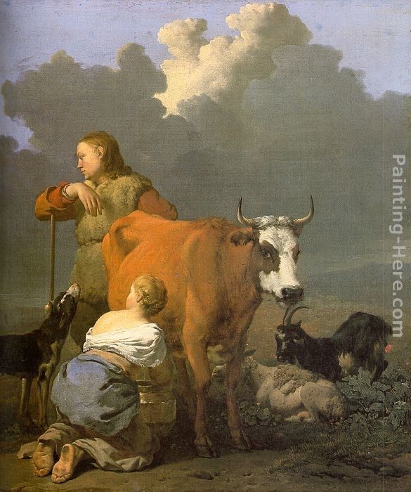 Karel Dujardin Woman Milking a Red Cow